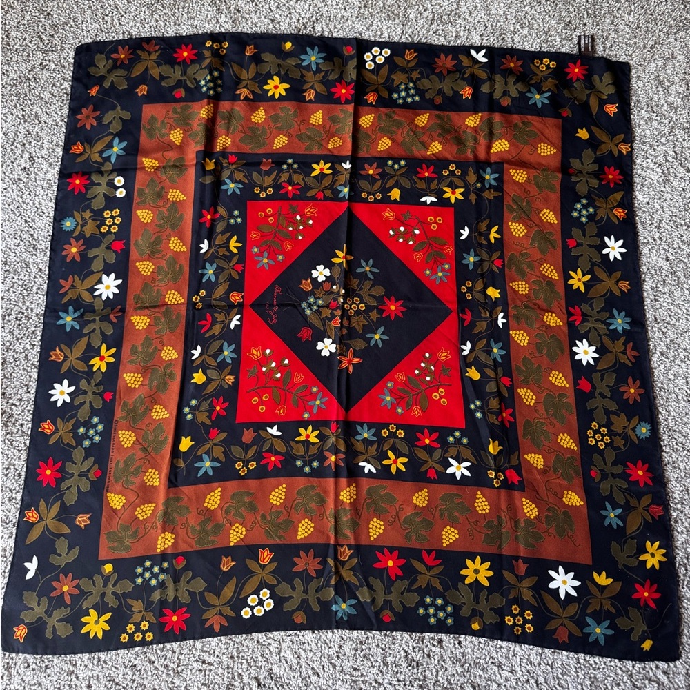 Red and Black Geometric Scarf with Floral Accents